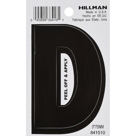 Hillman HILLMAN 3 in. Black Vinyl Self-Adhesive Letter D 1 pc, PK6 841510